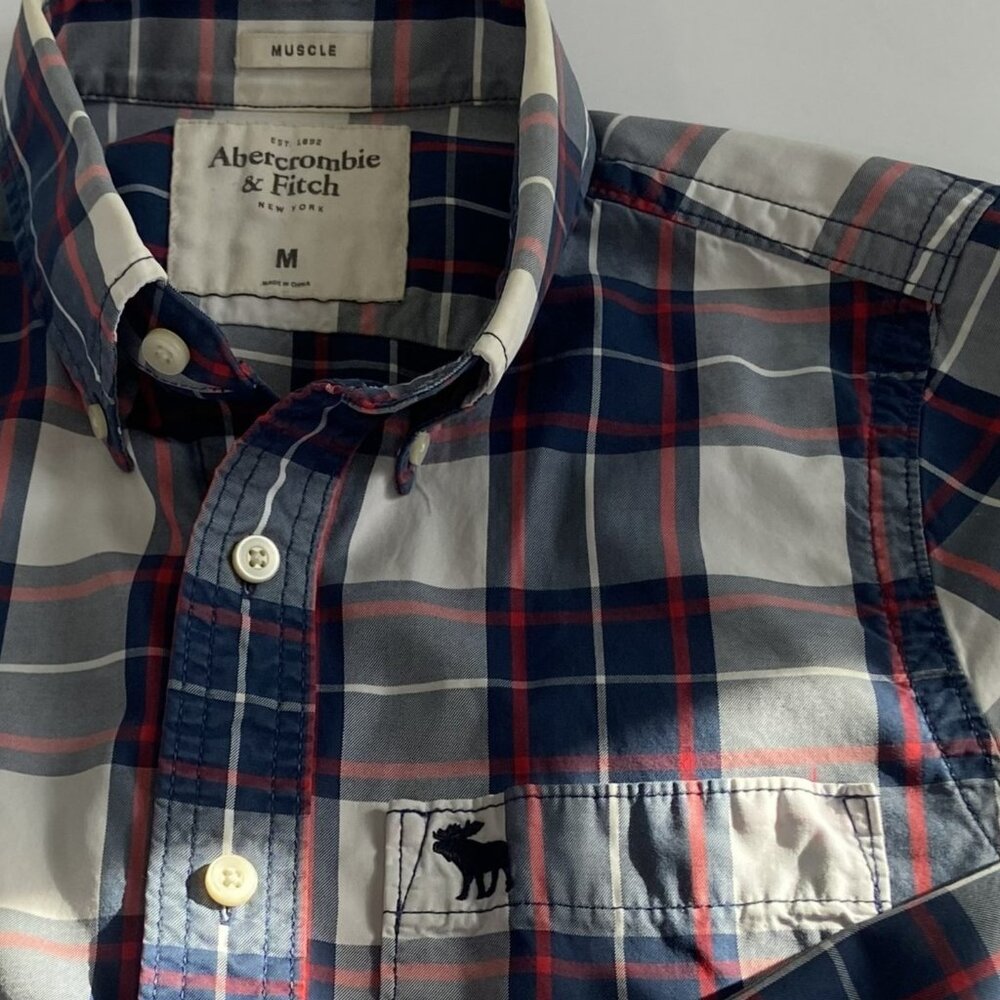 Abercrombie & Fitch Vintage Y2K Muscle Fit Plaid Button Down Shirt Navy Red (M)